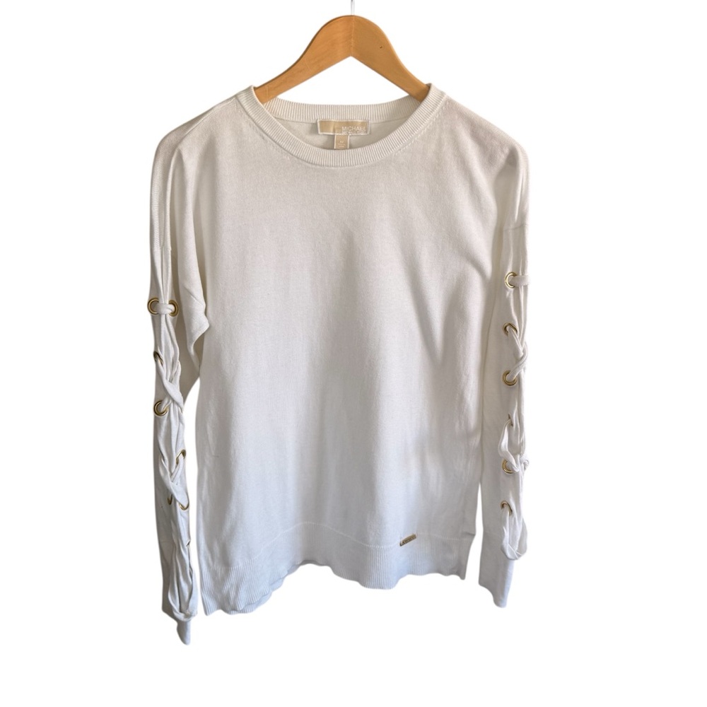 Michael Kors Women White Lace-Up Sleeve Knit Sweater Size M Gold Eyelet Details